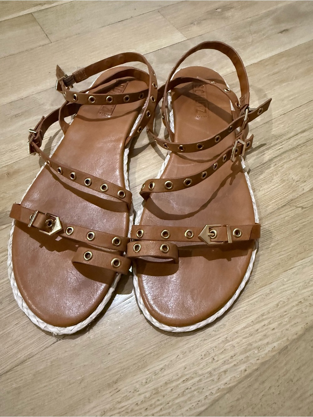 SCHUTZ Brown Leather Multi-Strap Sandals with Gold Eyelets